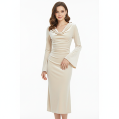 VELVET ANCHORS – Champagne Cowl-Neck Velvet Midi Dress