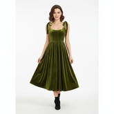 VELVET ANCHORS – Emerald Bow-Shoulder Velvet Midi Dress