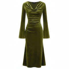 VELVET ANCHORS – Champagne Cowl-Neck Velvet Midi Dress