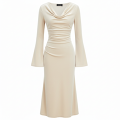 VELVET ANCHORS – Champagne Cowl-Neck Velvet Midi Dress