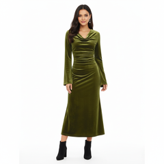 VELVET ANCHORS – Champagne Cowl-Neck Velvet Midi Dress