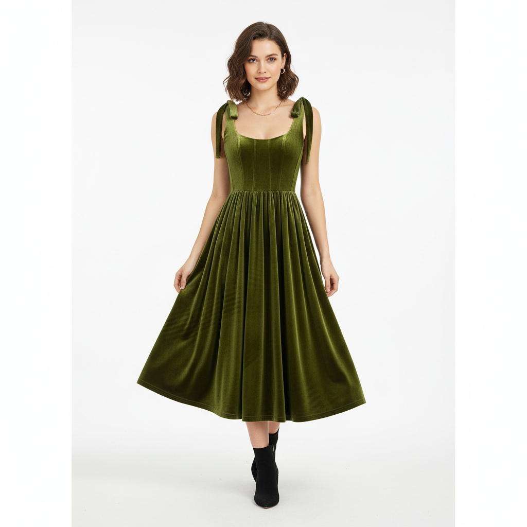 VELVET ANCHORS – Emerald Bow-Shoulder Velvet Midi Dress