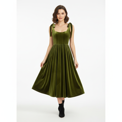 VELVET ANCHORS – Emerald Bow-Shoulder Velvet Midi Dress