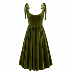 VELVET ANCHORS – Emerald Bow-Shoulder Velvet Midi Dress